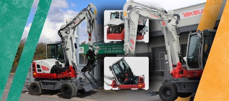 La pelle à pneus se trouve devant le dépôt de C'LOC TP